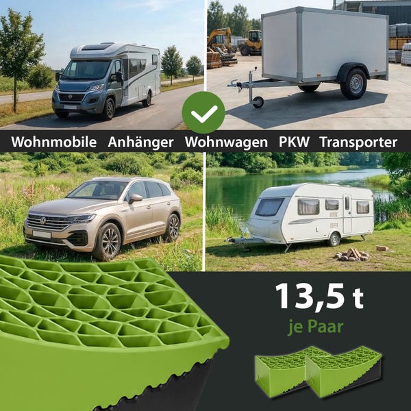 Auffahrkeile fuer Wohnmobile, Anhaenger, Wohnwagen, PKW und Transporter mit einer Tragkraft von 13,5 Tonnen pro Paar.