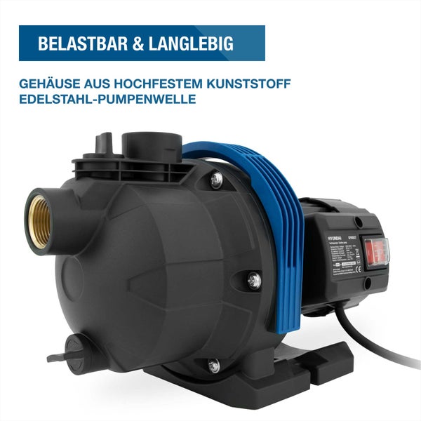 Hyundai Gartenpumpe mit Gehäuse aus hochfestem Kunststoff und Edelstahlwelle.