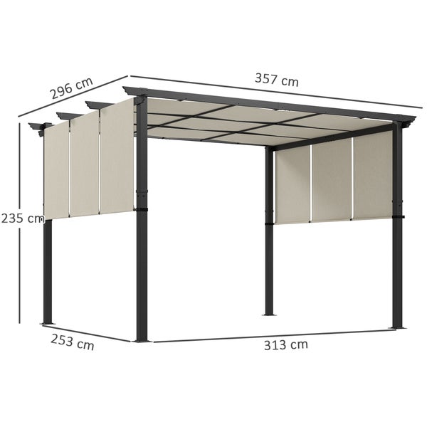 Pergola mit beige Textildach und Seitenwänden. Maße: 357 mal 296 mal 235 Zentimeter. Pfostenabstand 313 mal 253 Zentimeter.