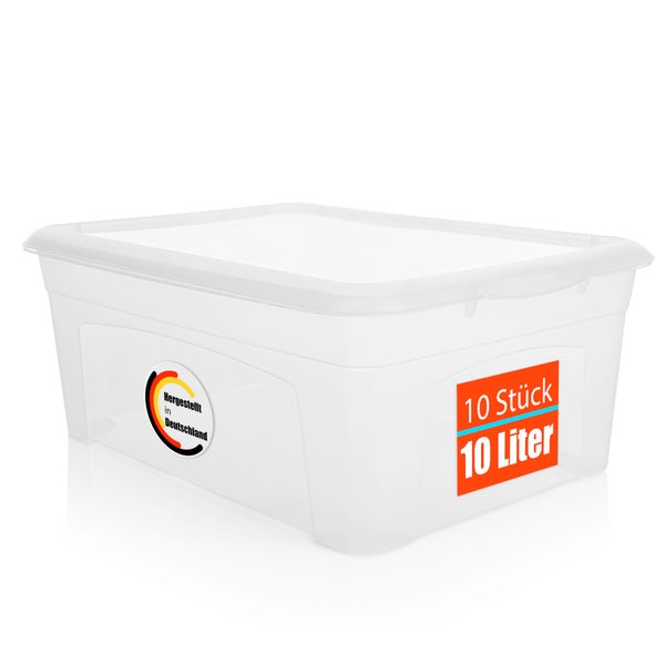 BigDean 10 Stück Aufbewahrungsbox mit Deckel 10L robust & stapelbar aus lebensmittelechtem Kunststoff – Plastikbox transparent Made in Germany