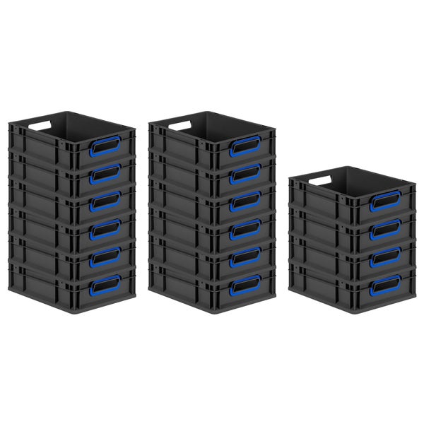 PROREGAL SuperSparSet 16x Eurobox NextGen Color, HxBxT 12x30x40cm, 11 Liter, Griffe blau offen, Schwarz, Eurobehälter, Transportbox, Transportbehälter, Stapelbehälter