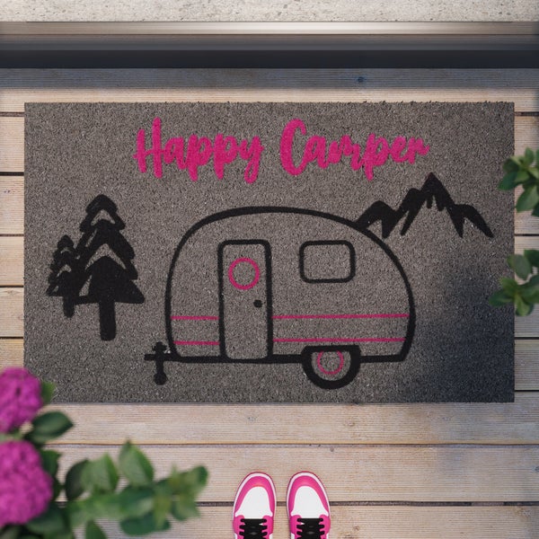 Fußmatte aus Kokosfaser Grau Schwarz Happy Camper WECONhome 40x60 cm