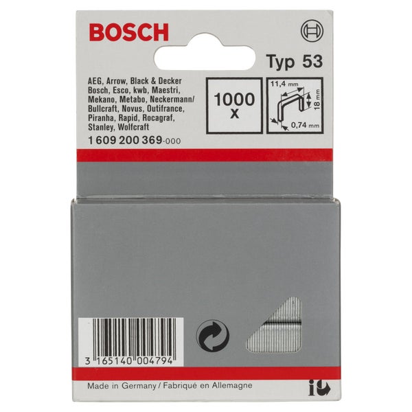 Bosch Logo. 1000 Stück Typ 53 Feindrahtklammern mit den Maßen 11,4 mm, 18 mm und 0,74 mm