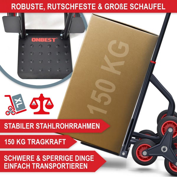 Treppensteiger-Sackkarre mit stabilem Stahlrohrrahmen, großer rutschfester Schaufel und einer Tragkraft von 150 Kilogramm. ONBEST Logo.