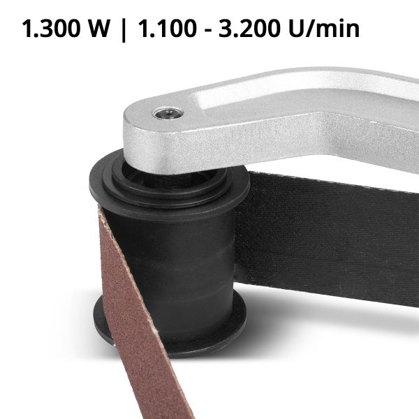 Details einer Bandschleifmaschine mit 1300 Watt Leistung und 1100 bis 3200 Umdrehungen pro Minute.