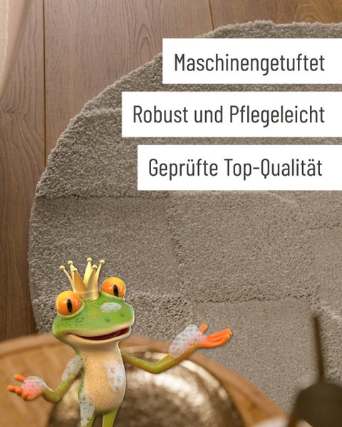 Maschinengetufteter, robuster und pflegeleichter Teppich in geprüfter Top-Qualität, präsentiert von einem Frosch mit Krone.