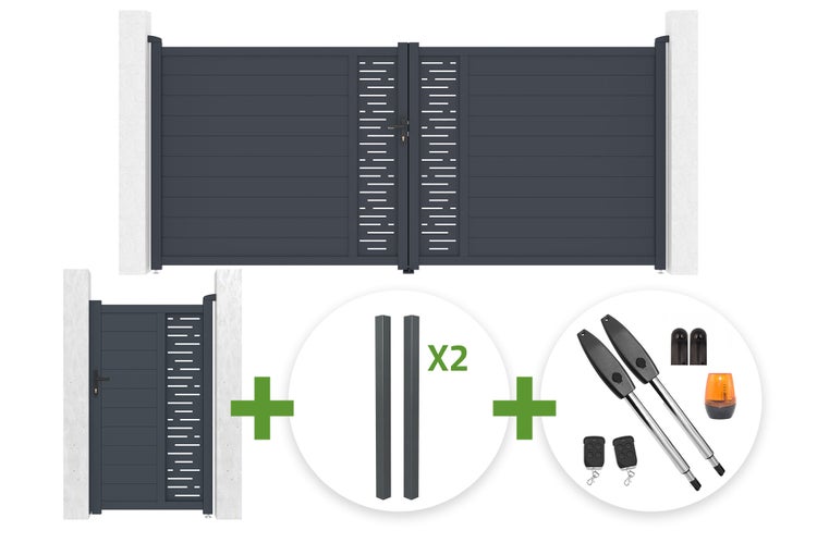 Set bestehend aus Doppelflügeltor, Gartentor, zwei Pfosten und elektrischem Drehtorantrieb inklusive Fernbedienungen und Zubehör.