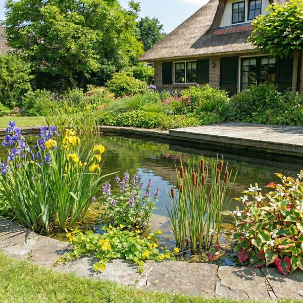 Heller, üppig bepflanzter Gartenteich mit Schwertlilien und Schilf, im Hintergrund eine Holzterrasse und ein Haus mit Reetdach.