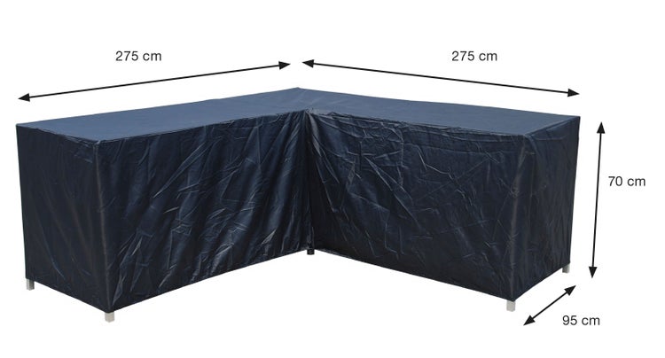 Schutzhülle für Ecklounge Gartenmöbel mit Maßen 275 mal 275 mal 70 Zentimeter und einer Tiefe von 95 Zentimeter.