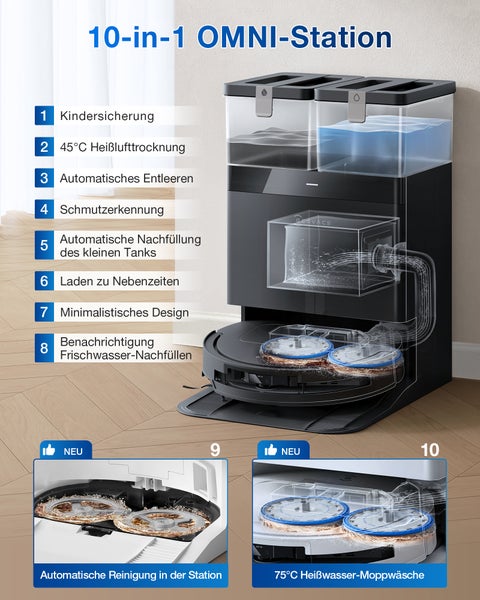 10-in-1 OMNI-Station mit Kindersicherung, Heißlufttrocknung, automatischer Entleerung, Schmutzerkennung, automatischer Tankbefüllung, Laden zu Nebenzeiten, minimalistischem Design, Frischwasser-Nachfüllbenachrichtigung und automatischer Moppwäsche