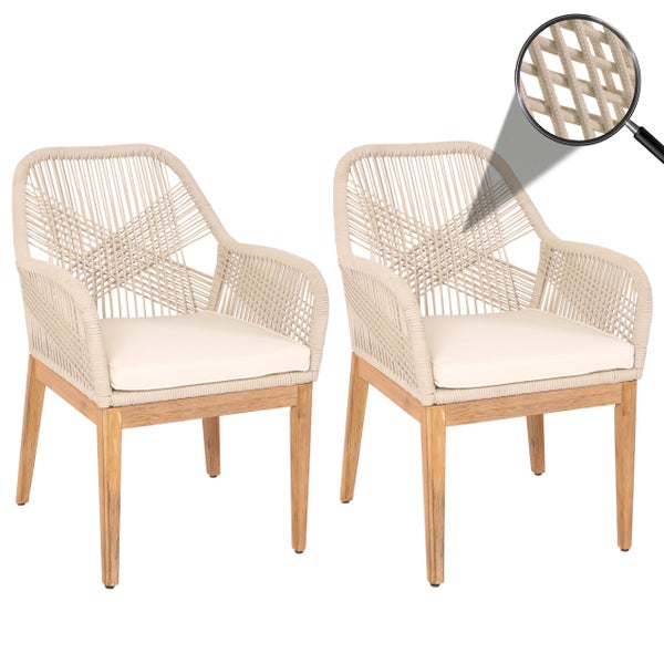 Zwei beige Outdoor Sessel mit Seilbespannung und Holzelementen