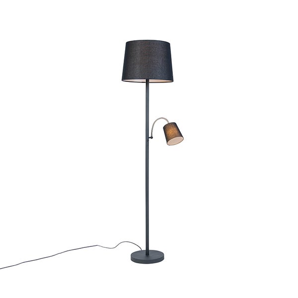 QAZQA - Klassisch I Antik Klassische Stehleuchte I Stehlampe I Standleuchte I Lampe I Leuchte schwarz mit schwarzem Lampenschirm und Leselicht - Retro I Wohnzimmer I Schlafzimmer - Stahl Länglich - LE