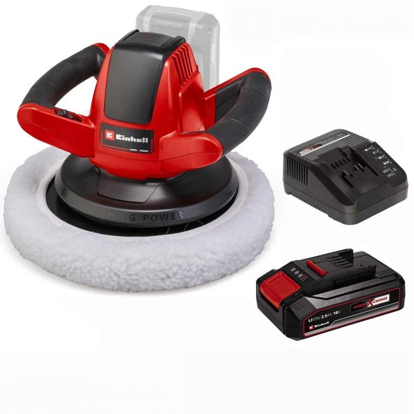 Einhell rot-schwarze Akkumulator-Autopoliermaschine Set mit 18 Volt Akkumulator, Ladegerät und weißer Polierhaube.