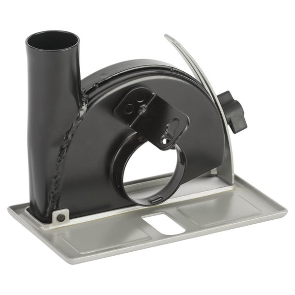 Absaughaube für Winkelschleifer aus Metall mit Grundplatte und Anschluss für Staubsauger.