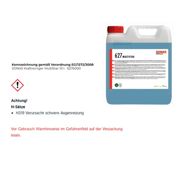 SONAX Kraftreiniger MultiStar 10 Liter mit Gefahrenhinweis Achtung und dem Text Verursacht schwere Augenreizung.