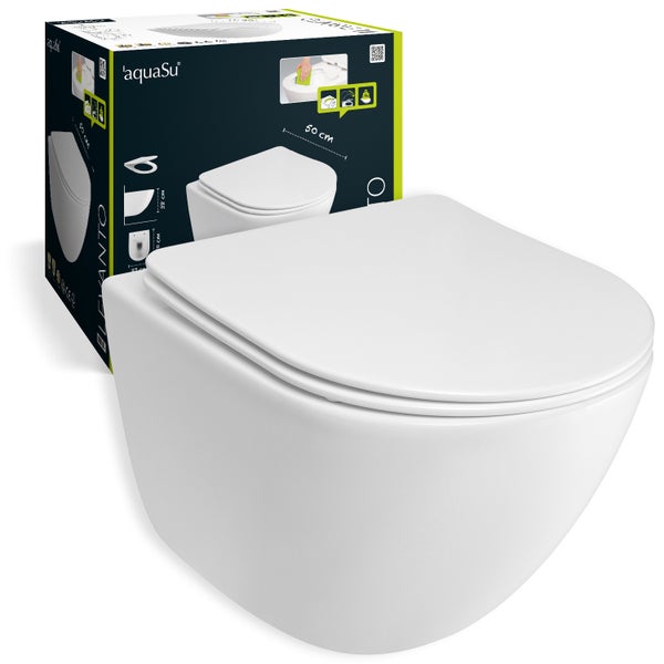 aquaSu® Spülrandloses Wand WC Set Levanto, Design Hänge WC, Tiefspüler, Keramik, Abgang waagerecht, Slimline WC-Sitz mit Absenkautomatik, Duroplast Toilettendeckel, Weiß, 045520