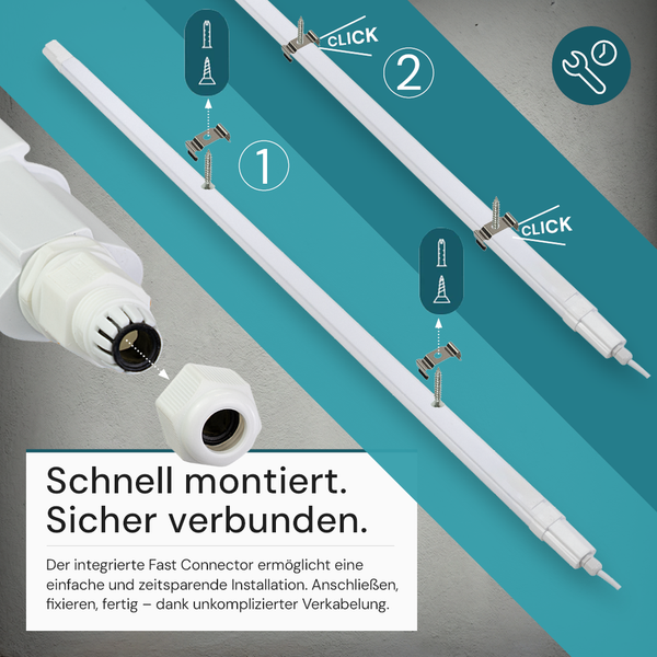 Montageanleitung für LED-Feuchtraumleuchte mit Fast-Connector-Anschluss und Klick-System für einfache und schnelle Installation.