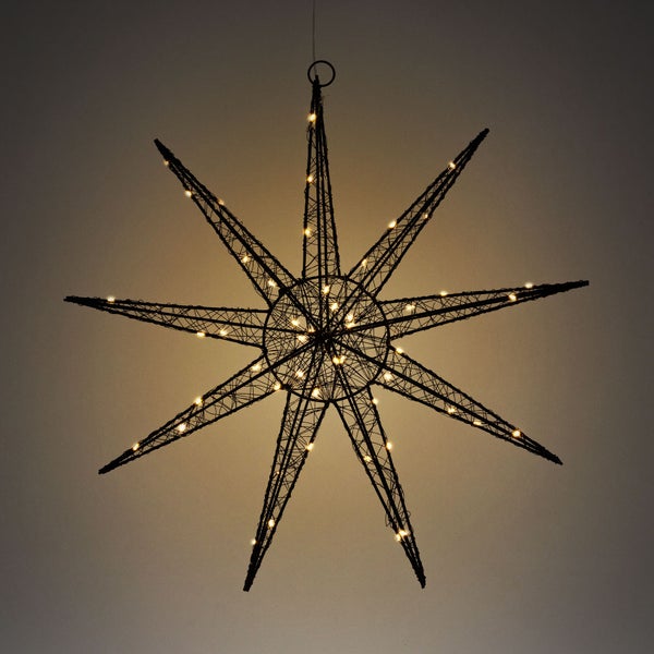 ECD Germany LED Deko Weihnachtsstern mit 50 warmweißen LEDs, 50cm, Schwarz, batteriebetrieben, Metall, Weihnachten Schneeflocke zum Aufhängen mit Beleuchtung & Timer, Innen, Weihnachtsdeko Fensterdeko