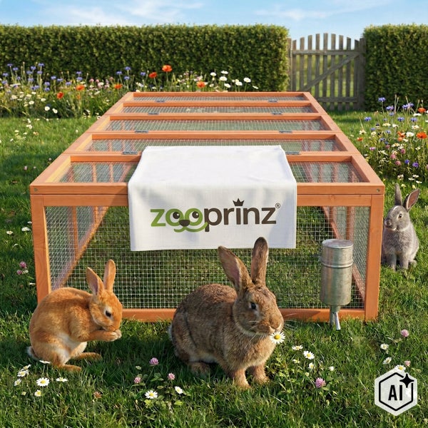Holzgehege für Kaninchen im Freien mit Drahtgitter und Zooprinz Logo im Garten mit drei Kaninchen.