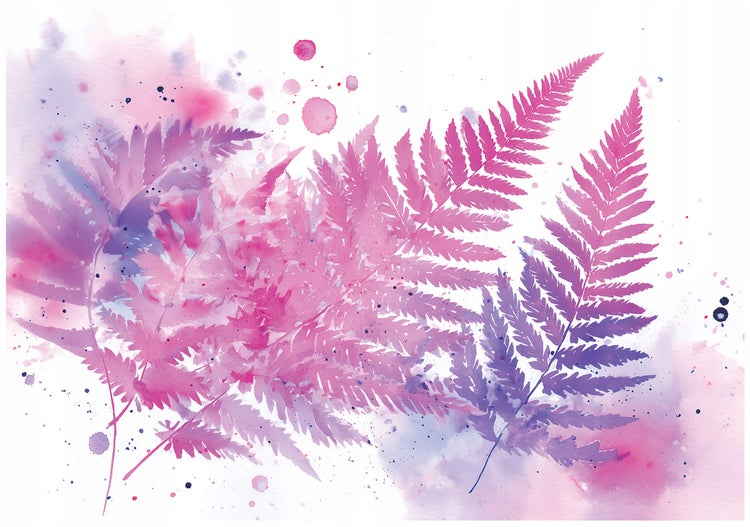 Aquarell-Illustration von Farnblättern in Rosa-, Violett- und Blautönen mit künstlerischen Farbspritzern.