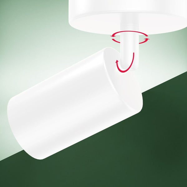 Weißer Strahler mit verstellbarem Gelenk, das Drehen und Schwenken ermöglicht.