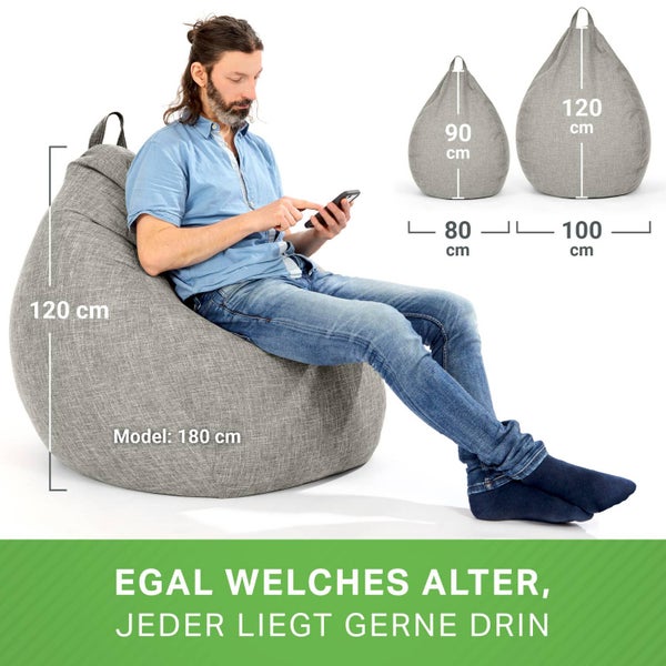 Green Bean Indoor XXL Sitzsack mit 300 Liter mit EPS-Perlen Füllung - Kuschelig Weich Waschbar - Drinnen Stoff Bodenkissen Liegekissen Sitzkissen - Silber Grau