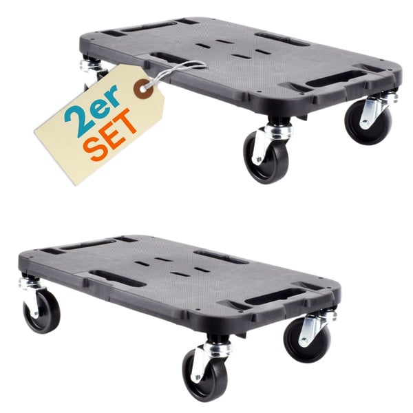 Zwei Transporthunde aus Kunststoff mit Rollen