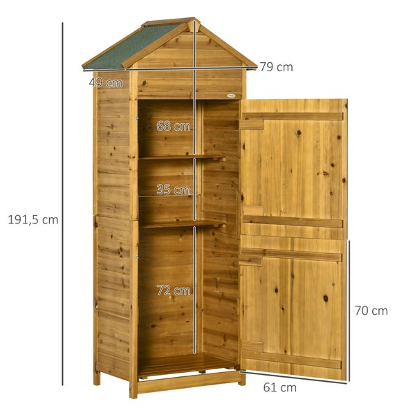 Outsunny Gartenschrank Holz, Geräteschuppen wetterfest 79x49x191,5cm, Gerätehaus mit Doppeltür, Satteldach, Geräteschrank mit Böden, Werkzeugschrank Gartenschuppen für Garten, Terrasse, Naturholz
