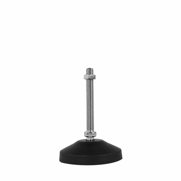 Höhenverstellbarer Stellfuß mit silberfarbenem Gewindebolzen aus Metall und schwarzem Kunststoffteller.