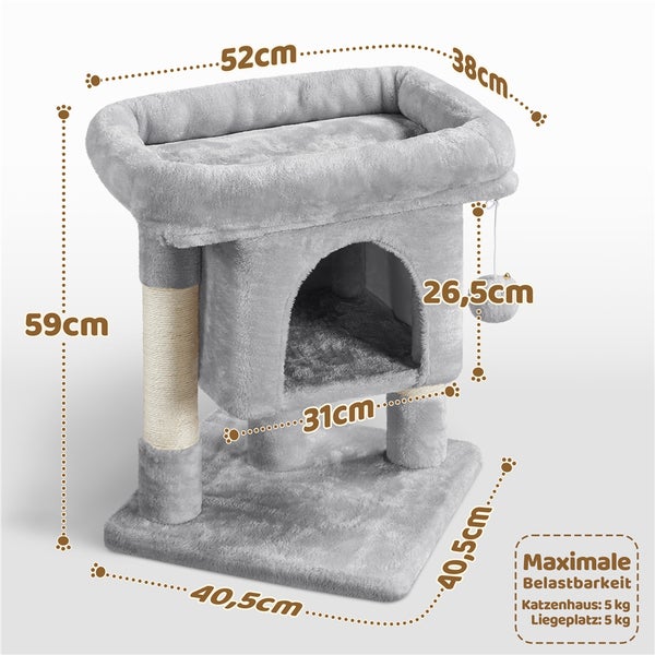 Grauer Kratzbaum mit Liegeflächen und Katzenhaus, Maße sind dargestellt