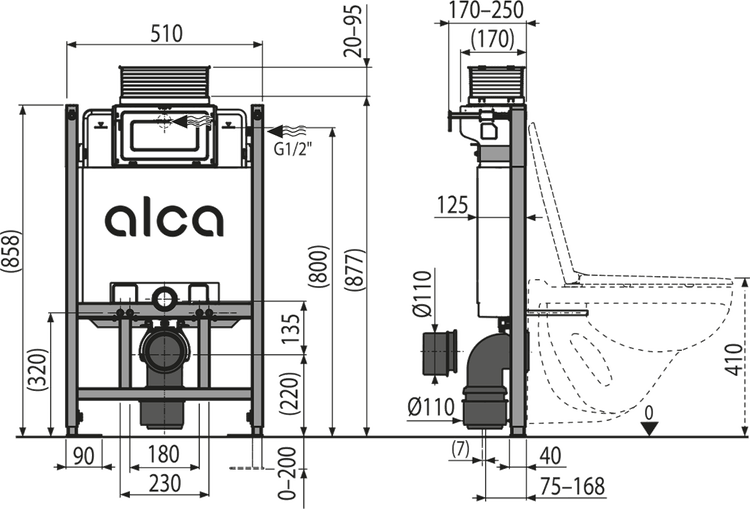 Technische Maßzeichnung für ein Alca Toiletten-Vorwandelement mit Spülkasten, Darstellung der Front- und Seitenansicht mit Maßen in Millimeter.