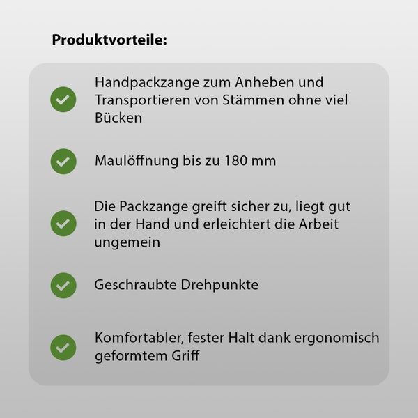 Produktvorteile einer Handpackzange mit 180 Millimeter Maulöffnung, geschraubten Drehpunkten und ergonomischem Griff für rückenfreundliches Arbeiten.