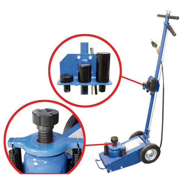Lufthydraulischer Wagenheber mit T-Griff, Rädern und Detailansichten der Aufsatzadapter sowie des Hubsattels.