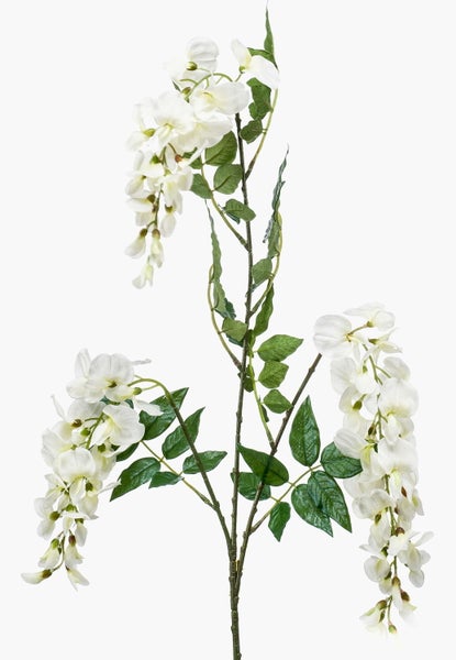 Künstliche Sukkulente mit grünen Blättern und gelblichen Spitzen an einem braunen Stiel.