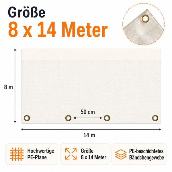 Abdeckplane mit Ösen in 8 mal 14 Meter aus PE beschichtetem Bändchengewebe mit 50 Zentimeter Ösenabstand.