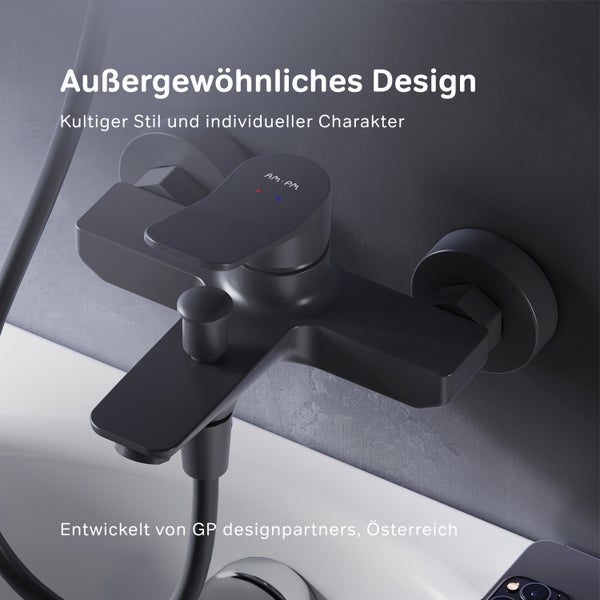 Schwarze Badewannenarmatur zur Wandmontage