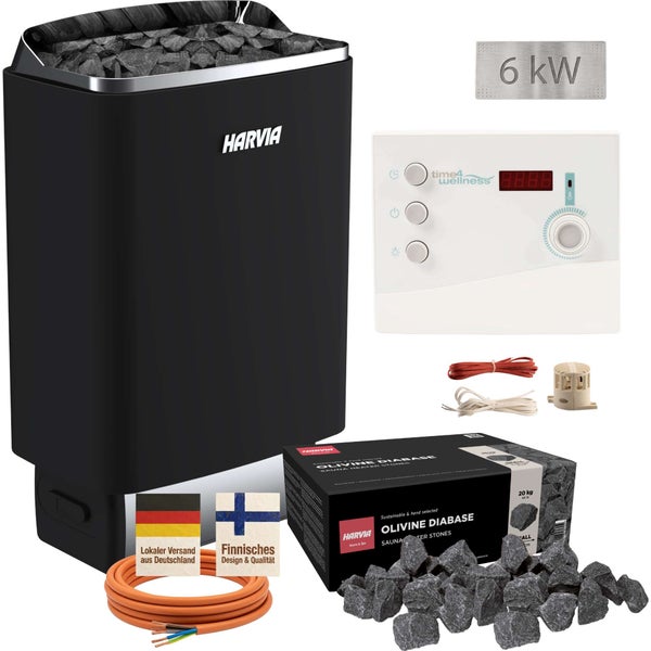 Harvia Saunaofen 6 Kilowatt Set mit Steuergerät, Saunasteinen und Zubehör.