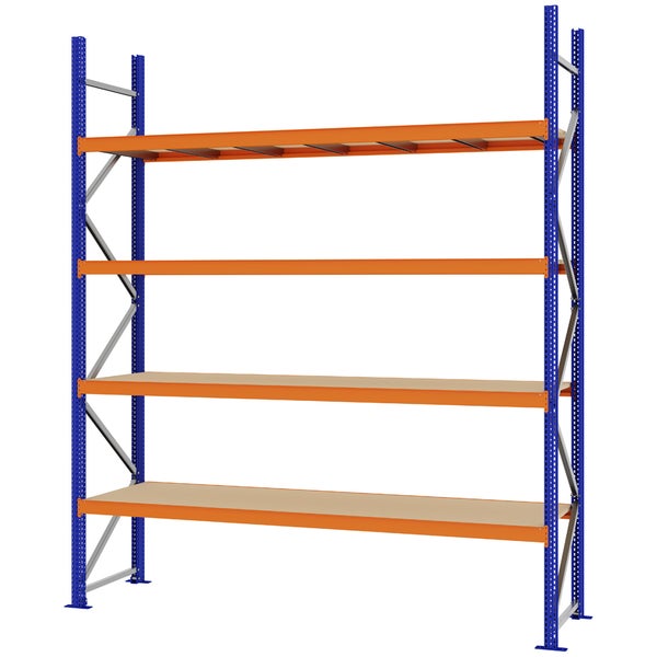 Schwerlastregal aus Metall mit vier Ebenen und Spanplattenböden, blau und orange.