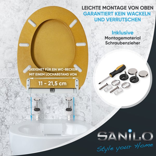 WC-Sitz Montageanleitung von oben, inklusive Montagematerial und Schraubendreher, passend für Lochabstände von 11 bis 21,5 Zentimeter. Sanilo Logo.