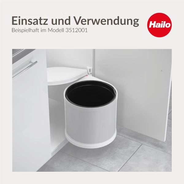 Ein runder Hailo Einbaumülleier in einem weißen Küchenunterschrank, der beim Öffnen der Tür automatisch nach außen schwenkt.