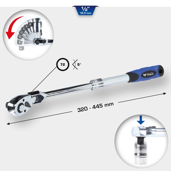 BRILLIANT TOOLS 1/2 Teleskop-Umschaltknarre mit flexibelem Kopf - BT022993