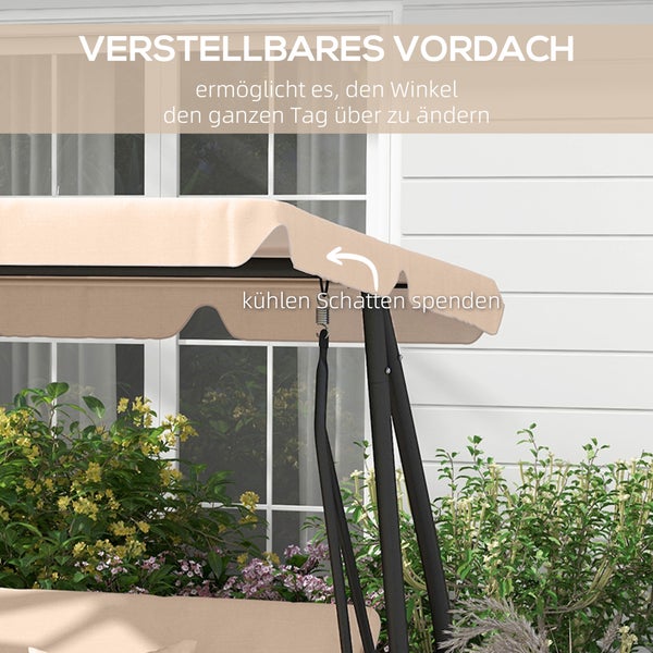 Outsunny 2 in 1 Hollywoodschaukel mit Liegefunktion 3-Sitzer Gartenschaukel mit Sonnendach, Getränkehalter Kissen Schaukelbank belast bis 340kg, Gartenliege für Garten, Terrasse, 200x120x164 cm, Braun