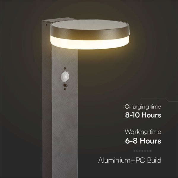 Gartenleuchte mit Bewegungsmelder aus Aluminium und Polycarbonat, Ladezeit acht bis zehn Stunden, Betriebszeit sechs bis acht Stunden