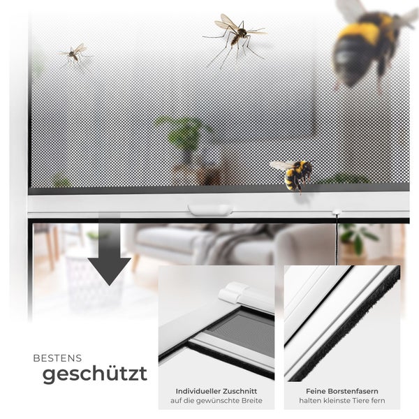 Insektenschutzgitter mit Mücken und Hummeln im Einsatz.