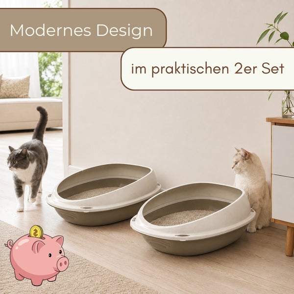 Zwei ovale Katzentoiletten im praktischen Zweier-Set in einem modernen, hellen Raum mit zwei Katzen.