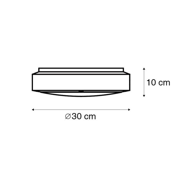 Maßzeichnung einer Deckenleuchte mit einem Durchmesser von 30 Zentimetern und einer Höhe von 10 Zentimetern.