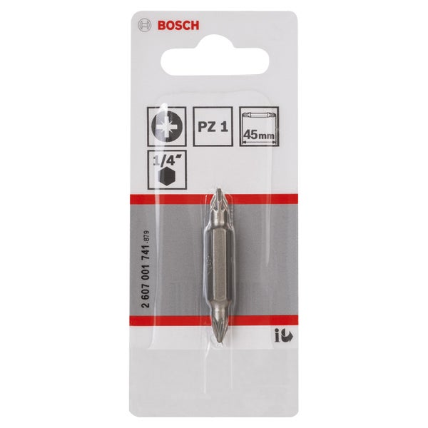 Bosch Logo. Ein 45 Millimeter langer PZ 1 Schrauberbit mit 1/4 Zoll Aufnahme in Verpackung.