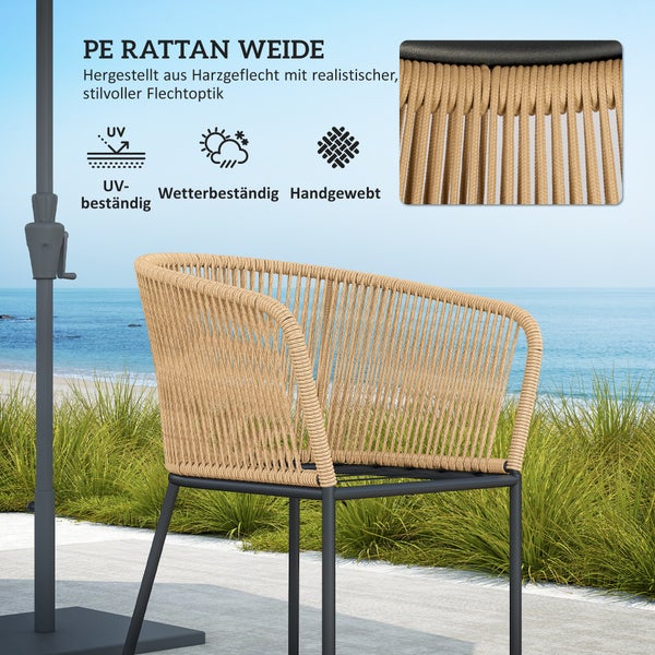 Outsunny 5-teiliges Polyrattan Gartenmöbel-Set für 4 Personen, wetterfest Balkonmöbel mit Tisch 4 Stühle abnehmbar Sitzkissen, Outdoor Terrassenmöbel Lounge-Set für Balkon, Garten, Naturholz+Khaki