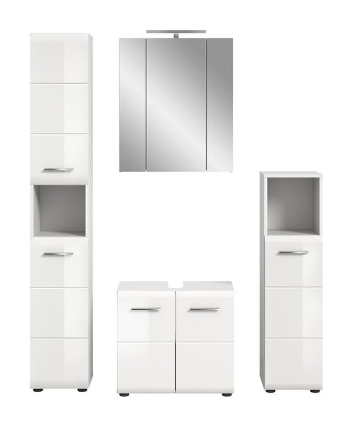 Mehrteiliges Badezimmermöbel-Set in Weiß glänzend, bestehend aus Hochschrank, Spiegelschrank mit Beleuchtung, Waschbeckenunterschrank und Midischrank.