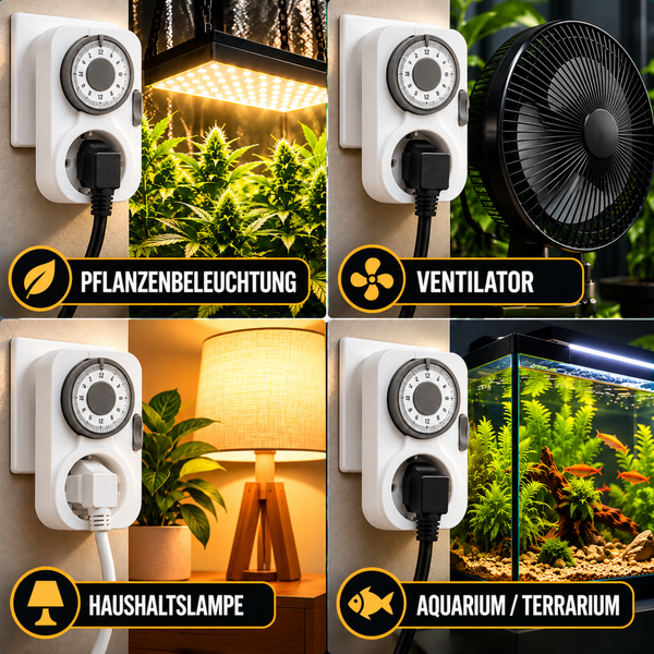Mechanische Zeitschaltuhr mit verschiedenen Anwendungsbeispielen wie Pflanzenlampe, Ventilator, Haushaltslampe und Aquariumbeleuchtung.
